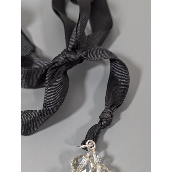 Gray Faceted Glass Bead Two Strand Black Ribbon Tie Statement Necklace 48" - Picture 5 of 8
